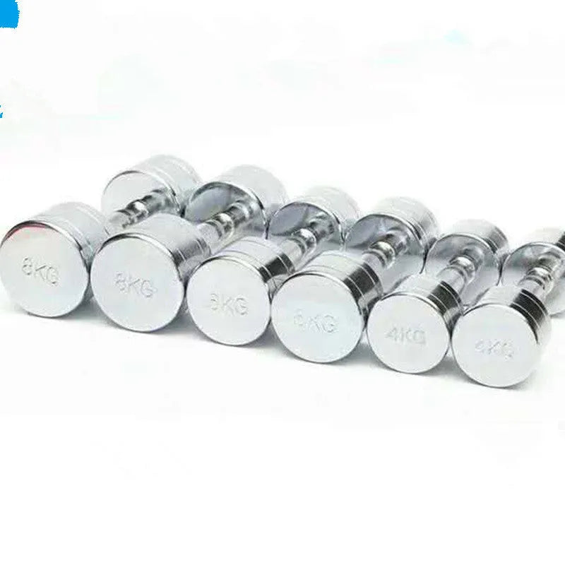 Silver pure steel electroplated dumbbell with ergonomic handle on a grey background