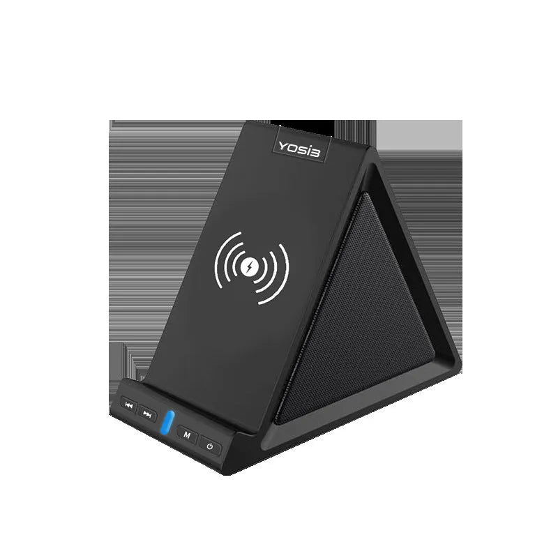 Black multifunctional Bluetooth speaker unit with integrated wireless charging pad and phone stand.