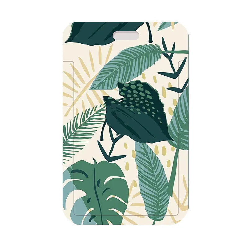 Green plant series simple fashion lanyard card cover with Monstera deliciosa diamond grid design, plastic 110mm x 70mm on a white background