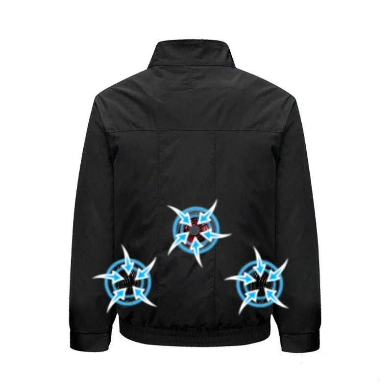 Men's black smart air conditioning work jacket with ventilation holes and integrated fan system