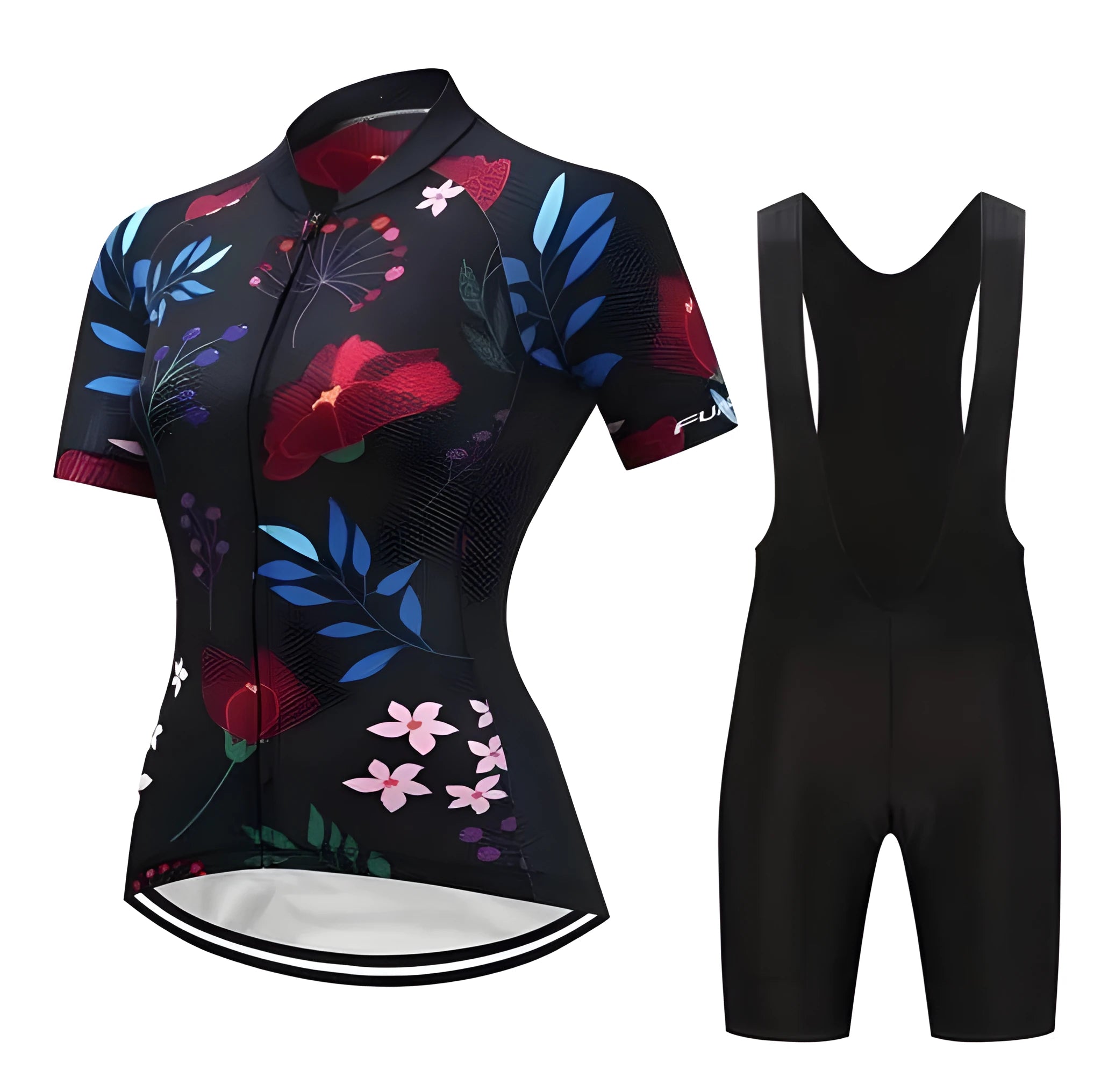 BlackFlower cycling kit with black jersey and bib shorts featuring full-length zipper and perforated straps