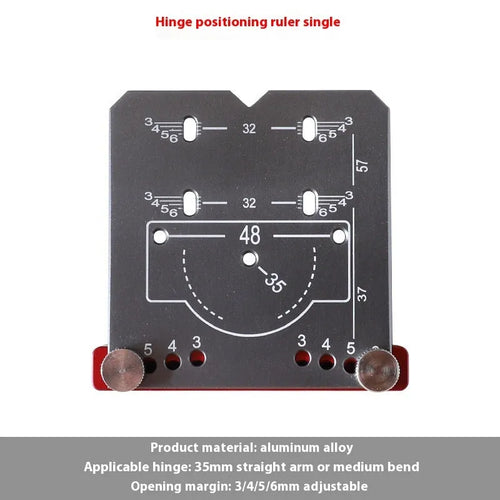 Red aluminium alloy hinge locating ruler with adjustable margin settings for 35mm cabinet hinges.