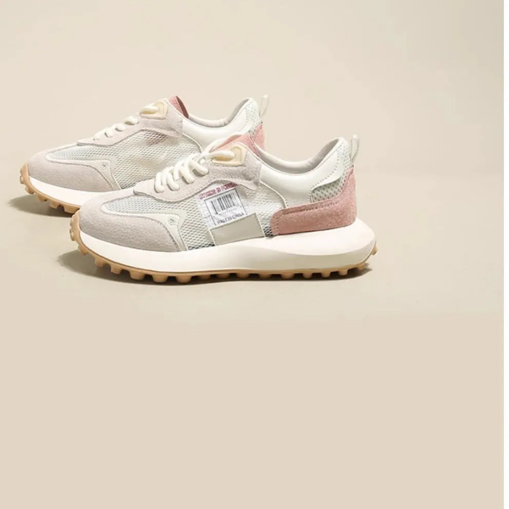 Women's grey and pink retro low-top sneaker with round toe and rubber sole