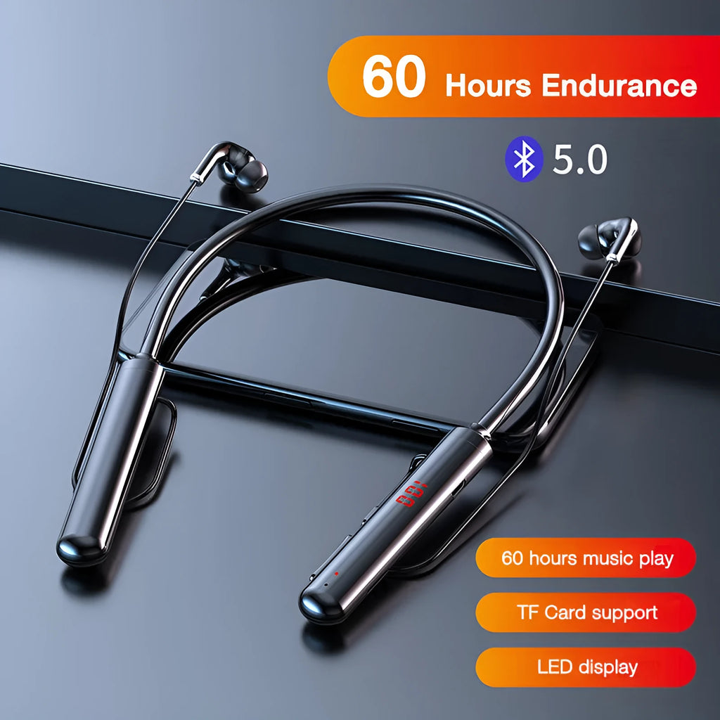 Sports neckband wireless headphones in black and red with 200mm ear cord and Bluetooth 5.0