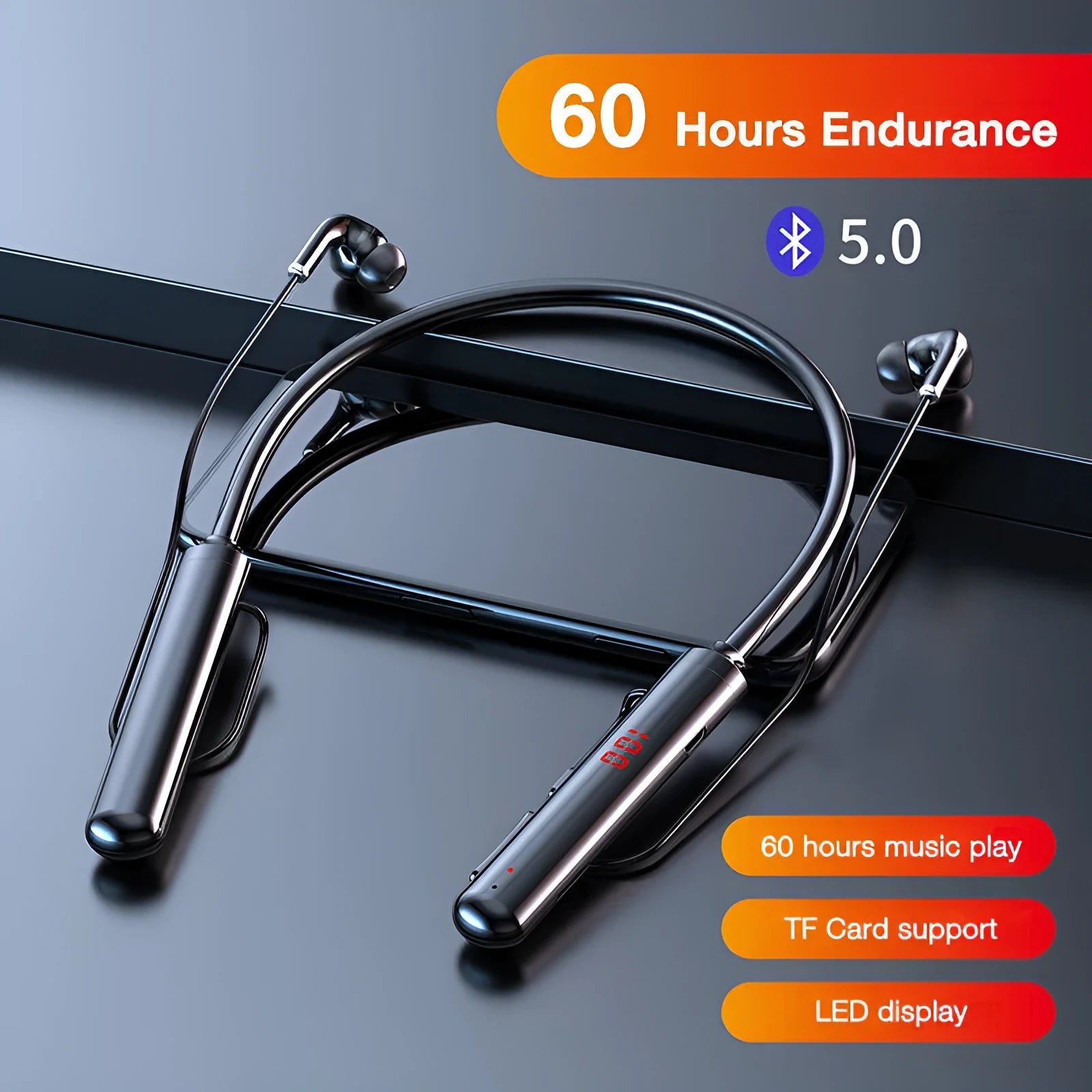 Sports neckband wireless headphones in black and red with 200mm ear cord and Bluetooth 5.0