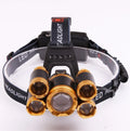 Aluminium alloy LED head torch with adjustable zoom focus and sensor switch option on headband.