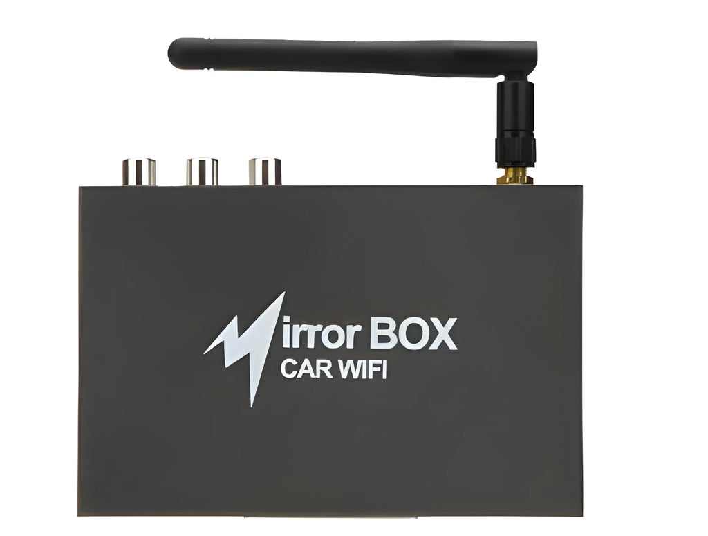 Black car mirror link box converter unit with power cable, AV cable, antenna, and user manual for smartphone screen mirroring.