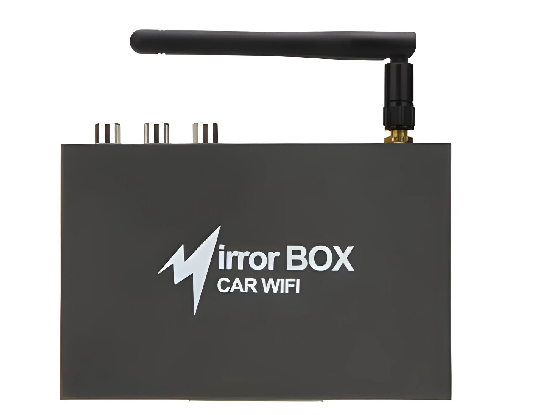 Black car mirror link box converter unit with power cable, AV cable, antenna, and user manual for smartphone screen mirroring.
