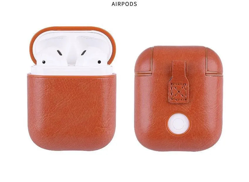 Genuine leather charging case for Apple Airpods in black, brown, light brown, and red