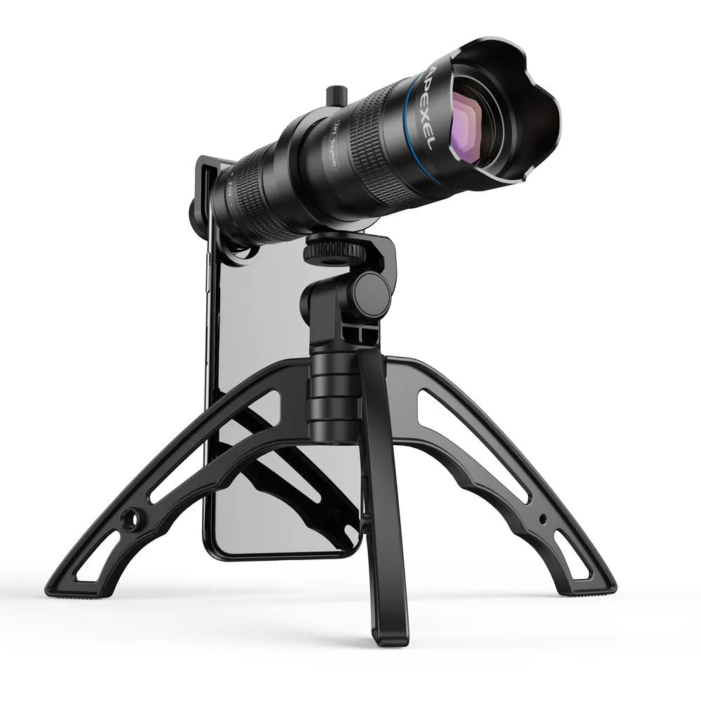 Black 36x optical zoom monocular lens attached to smartphone on adjustable tripod for outdoor photography