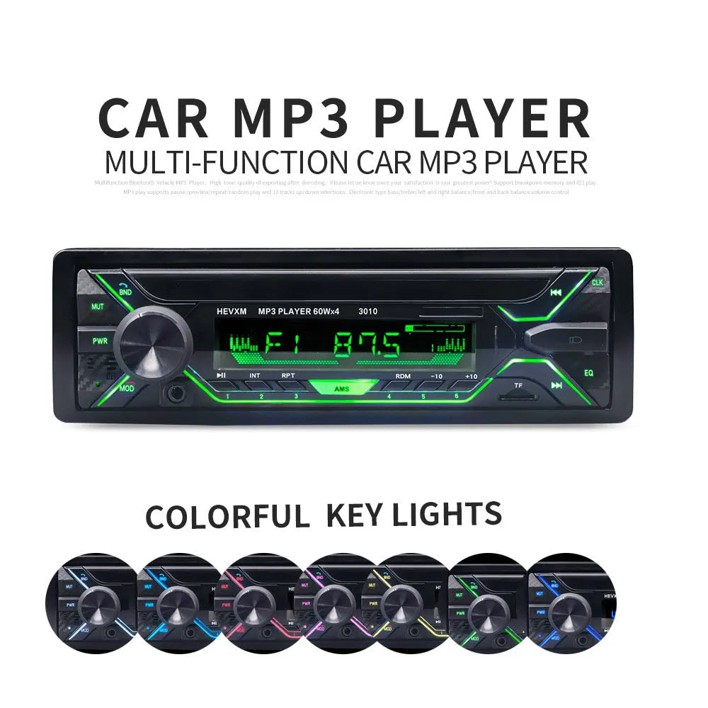 Bluetooth car stereo MP3 player with LCD display, rotary volume knob, USB port and remote control