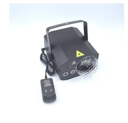 Black and white LED laser magic fan stage light with remote control on a dark background.