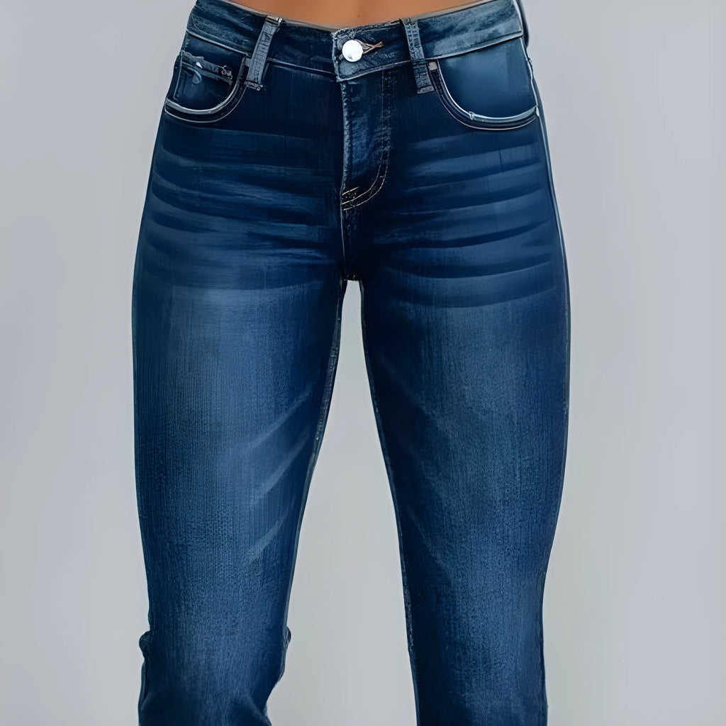 Women's casual denim pants with hand-worn distressing in dark blue or light blue solid colours