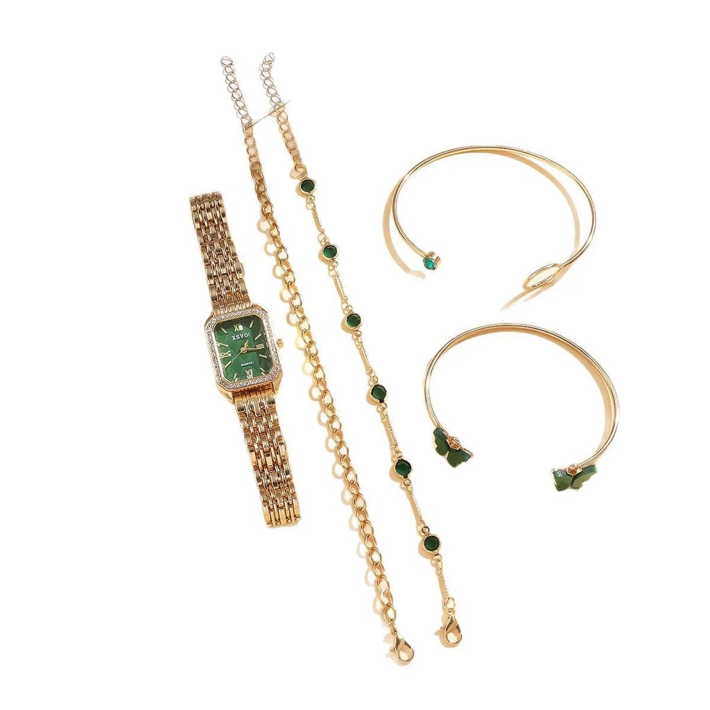 Gold green square women's watch with four matching bracelets on a white background.