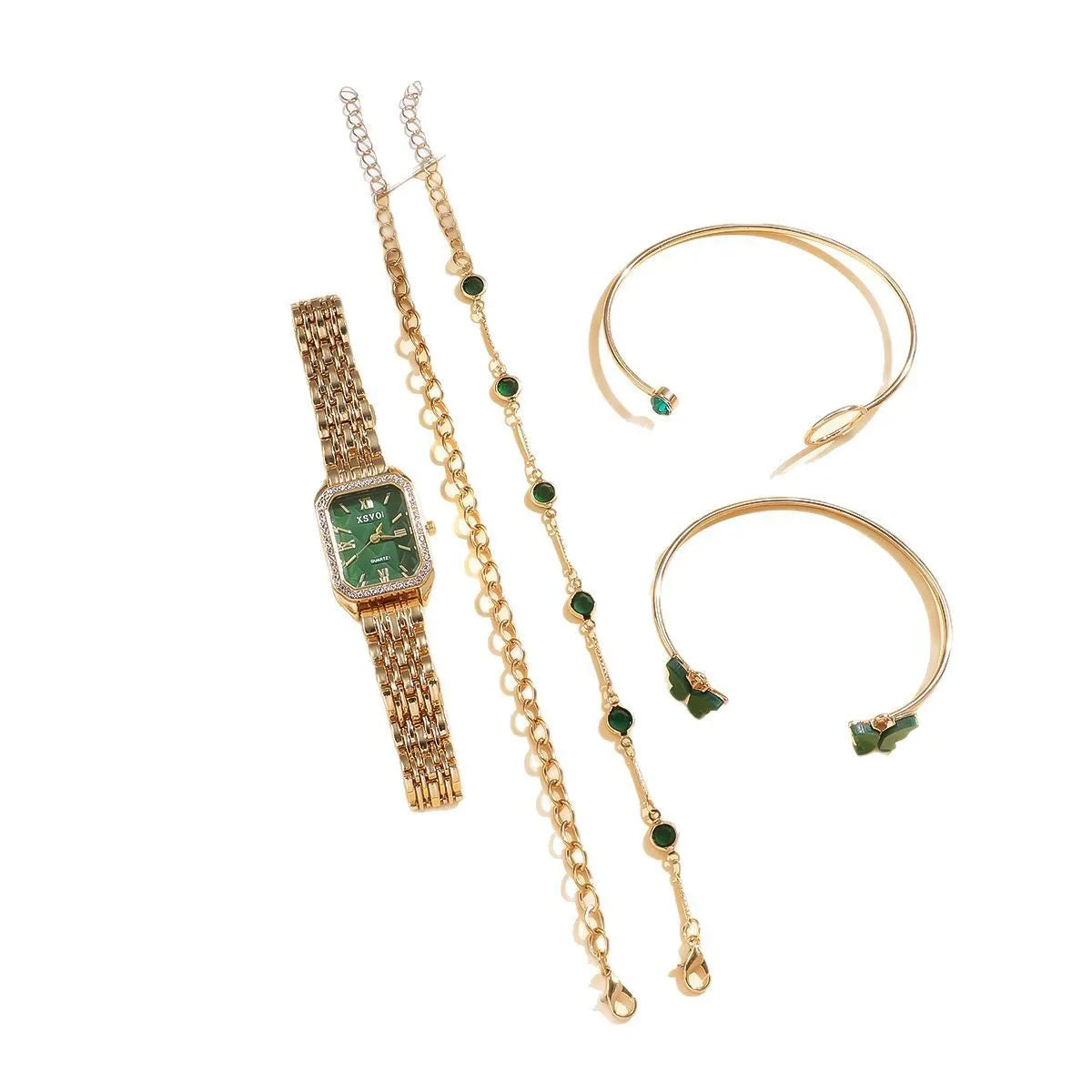 Gold green square women's watch with four matching bracelets on a white background.
