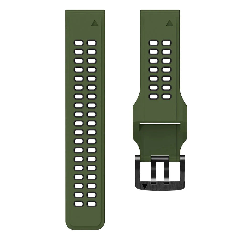 Two-colour silicone quick release watch strap with pin buckle in black and orange combination