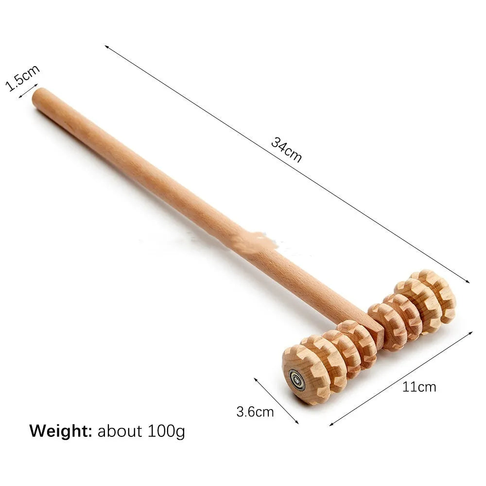 A set of natural beech wood massage rollers including T-shaped and multi-wheel tools for muscle relief.