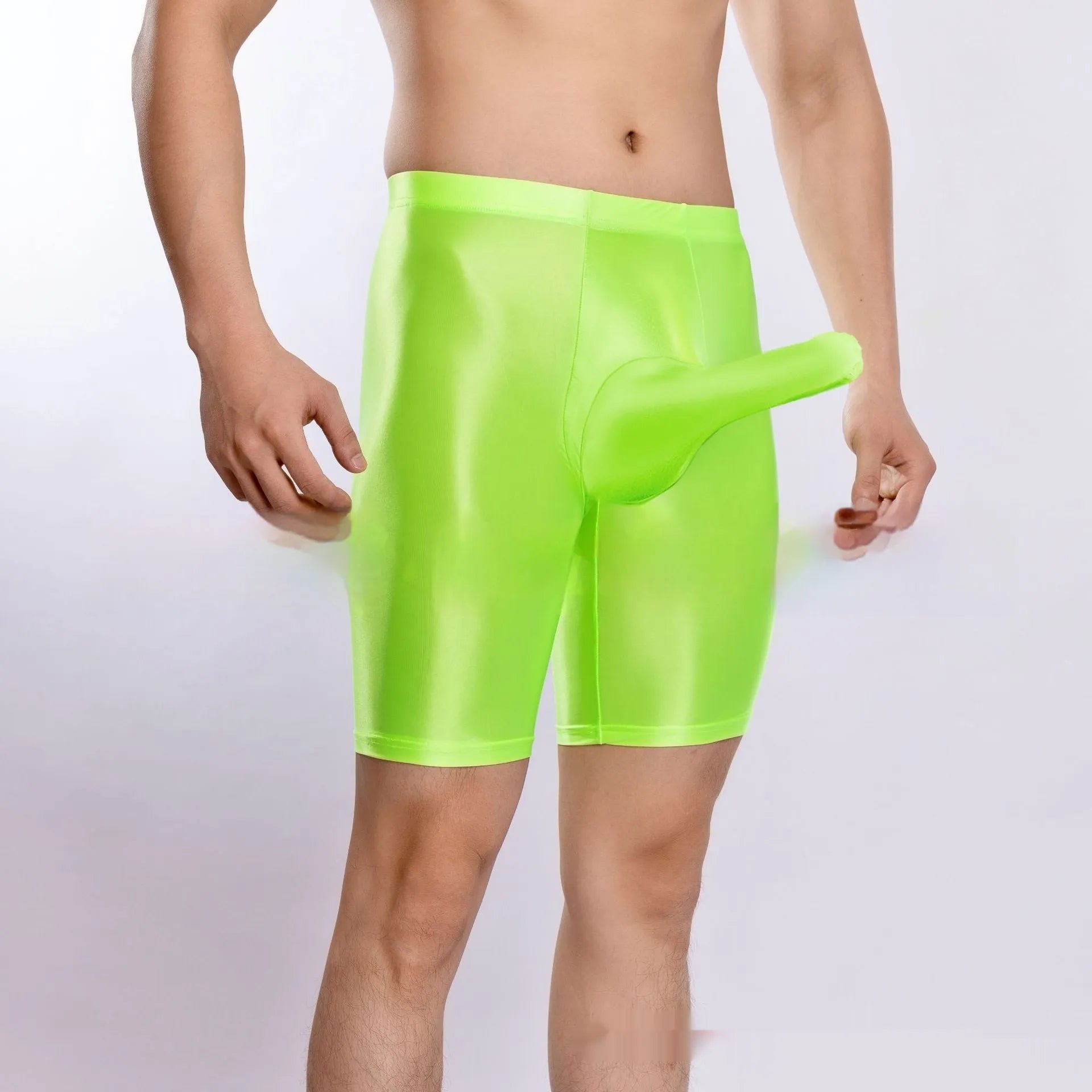 Plus size shiny silky sports shorts for men in nylon fabric showing available colour options