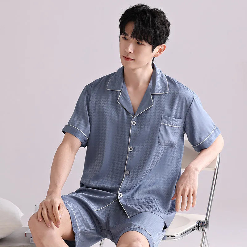 Men's ice silk pyjama set in artificial silk with shorts length and cardigan style in satin jacquard pattern