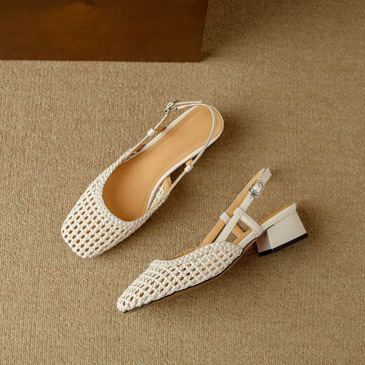 Women's beige woven sandals with a closed square toe, chunky heel, and buckle strap.