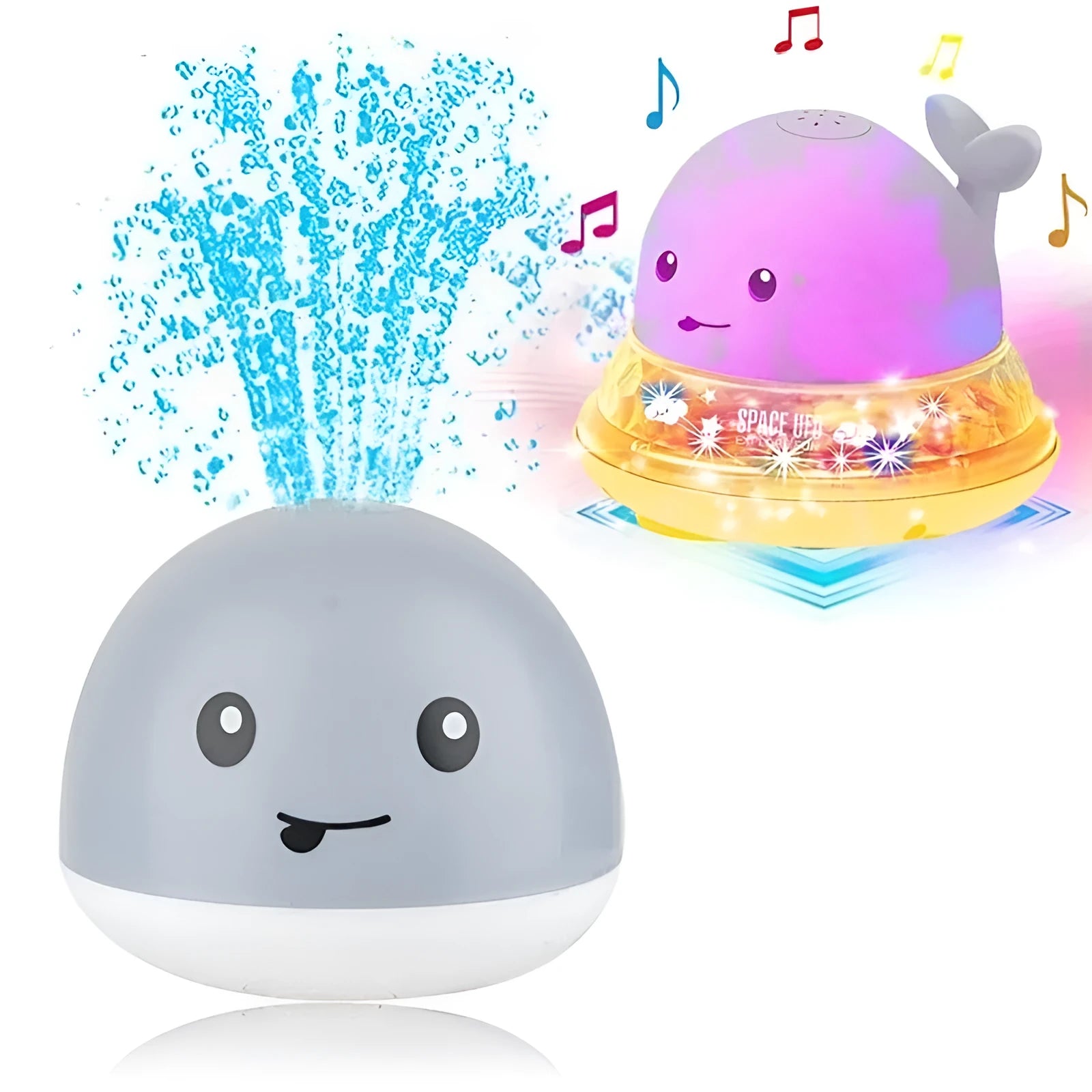 Automatic water spray whale bath toy with colourful LED lights floating in baby bath