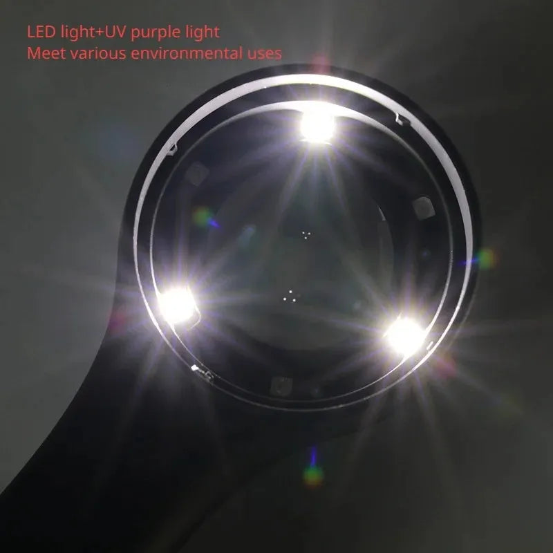 Black and silver metal 30x magnification appraisal magnifying glass with optical glass lens and USB C cable.