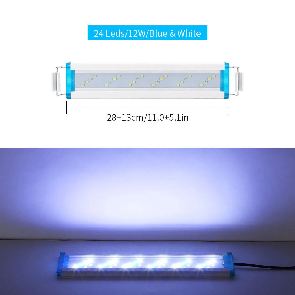 Ultra-thin PVC aquarium LED light bar with blue and white lights in multiple lengths for fish tanks.