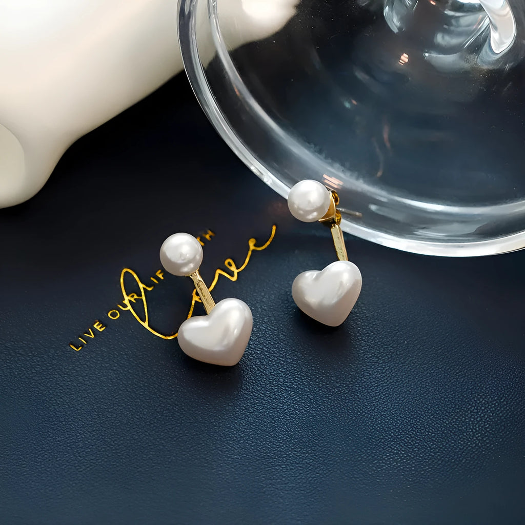 Heart-shaped Korean style stud earrings with electroplated alloy and artificial pearl accents