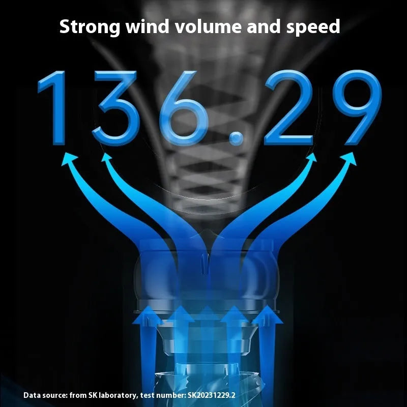 SK white bladeless tower fan with remote control placed on a wooden floor.