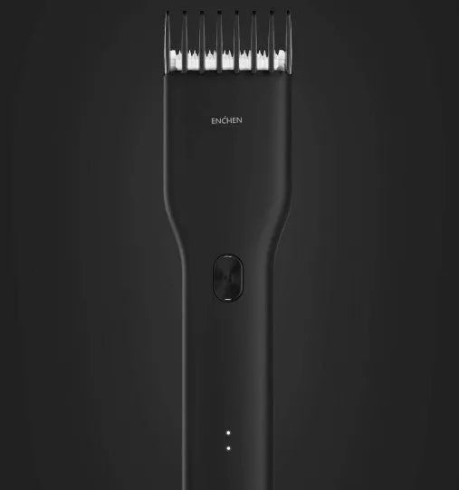 Black cordless electric hair clippers with a ceramic cutter head and a white adjustable length comb attached.