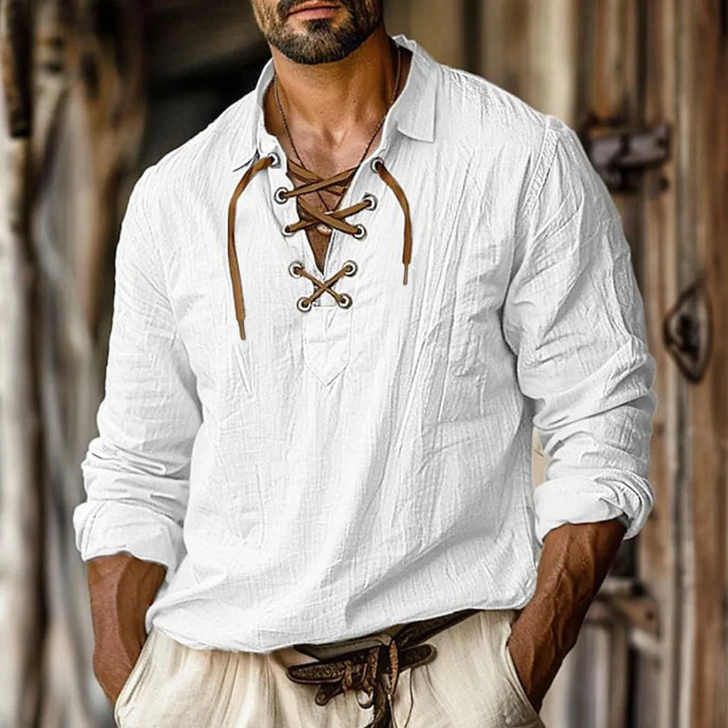 Men's plus size loose fit linen shirt with lapels and long sleeves in a solid colour.