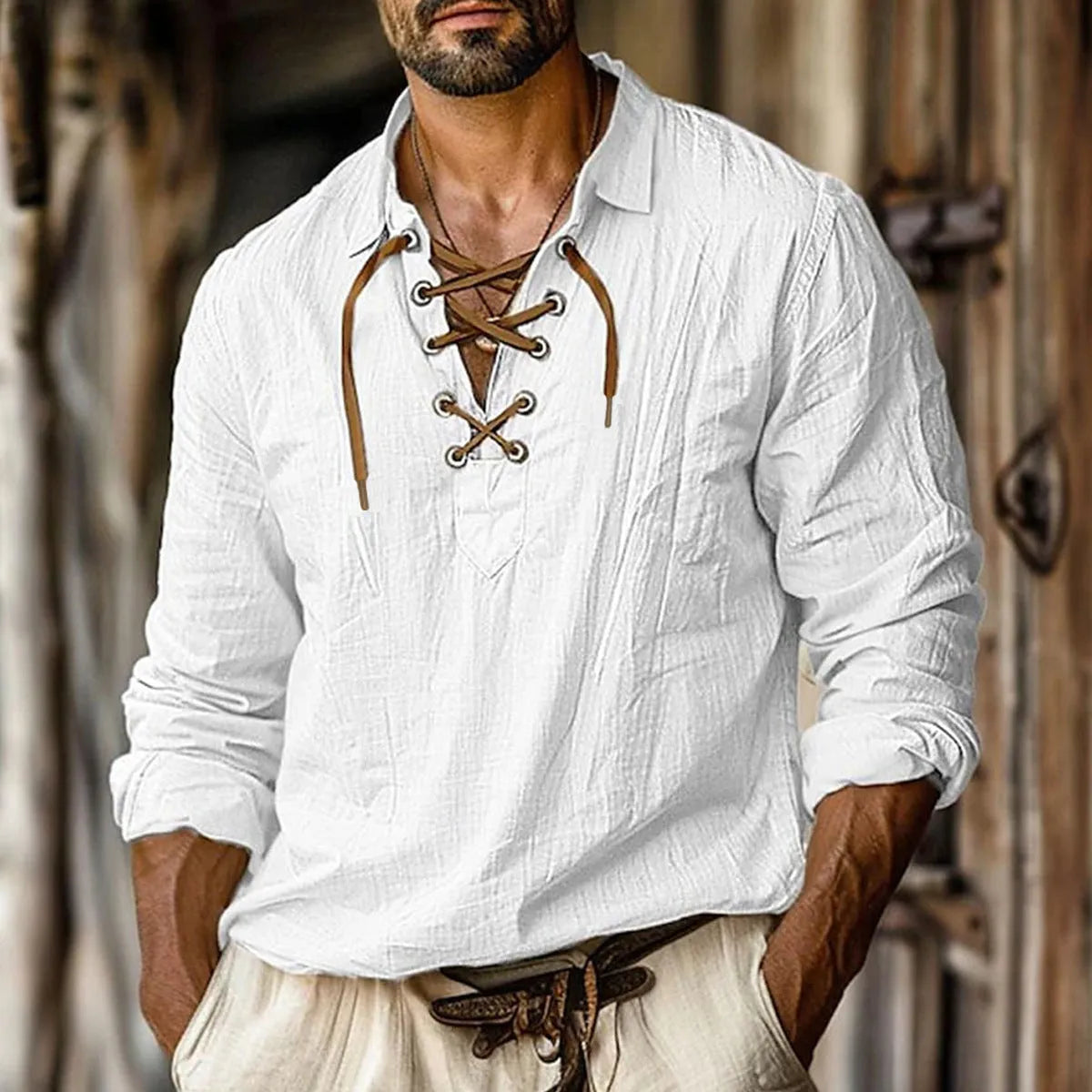 Men's plus size loose fit linen shirt with lapels and long sleeves in a solid colour.