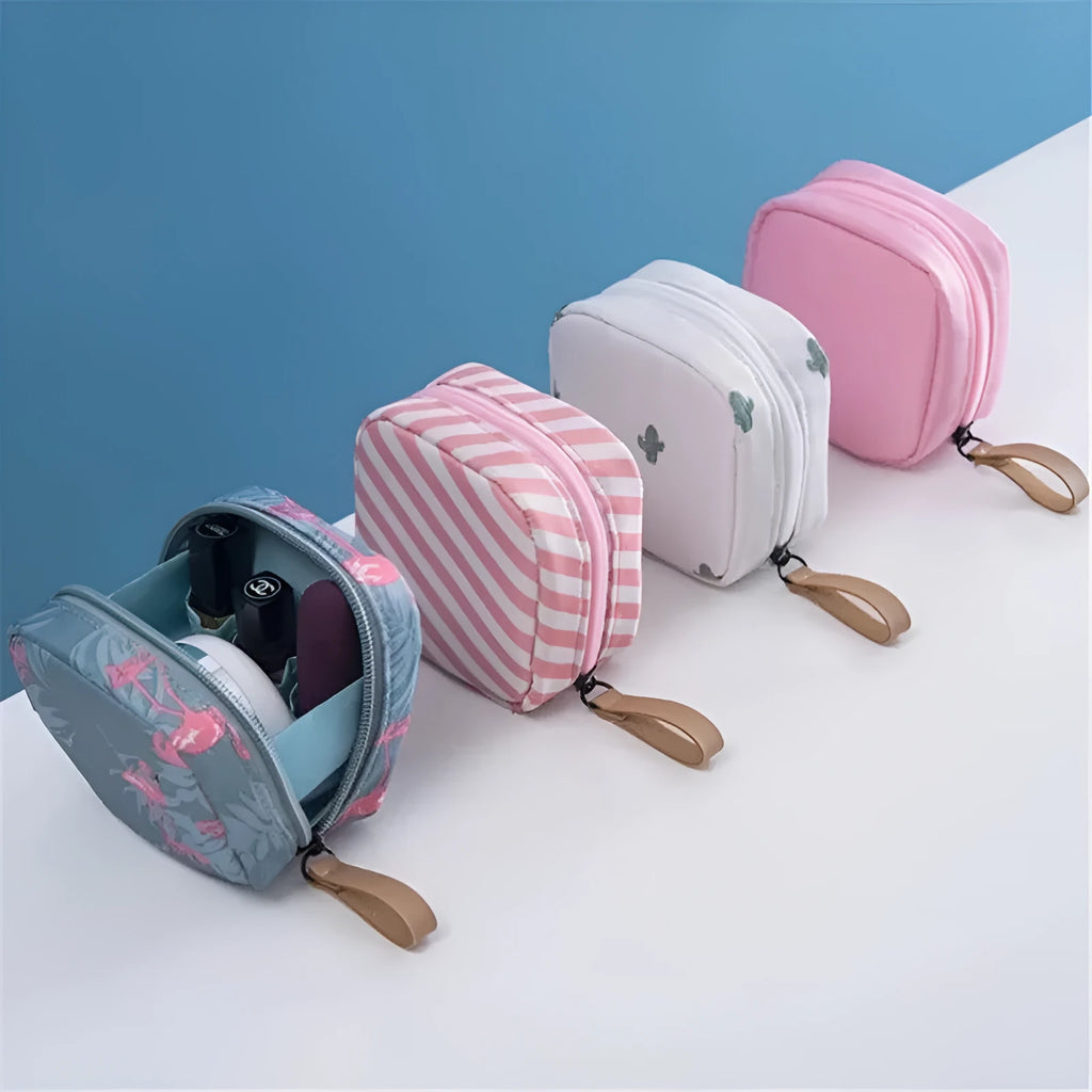 Plain cloth cube makeup storage bag for cosmetics organisers, shown in blue, pink, white, and white pink colour options.