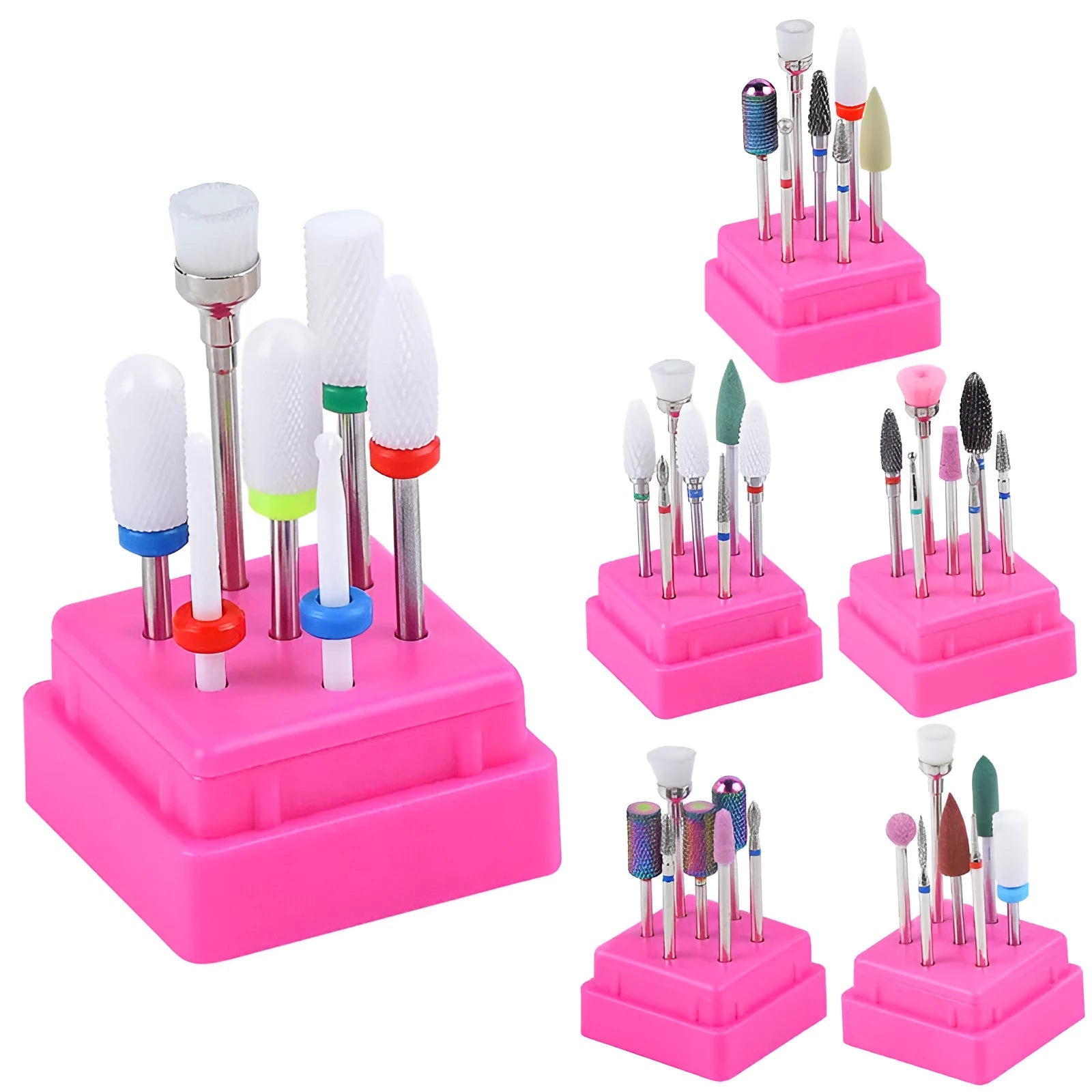 Tungsten steel nail drill bit set with 7 pieces including bits and brush in a clear case.
