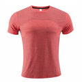 Red polyester spandex short sleeve running t-shirt laid flat