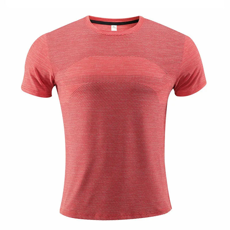 Red polyester spandex short sleeve running t-shirt laid flat