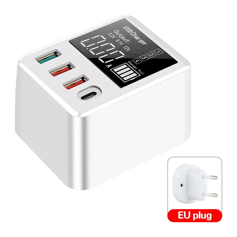 White 4-port travel charger with LED display showing charging status
