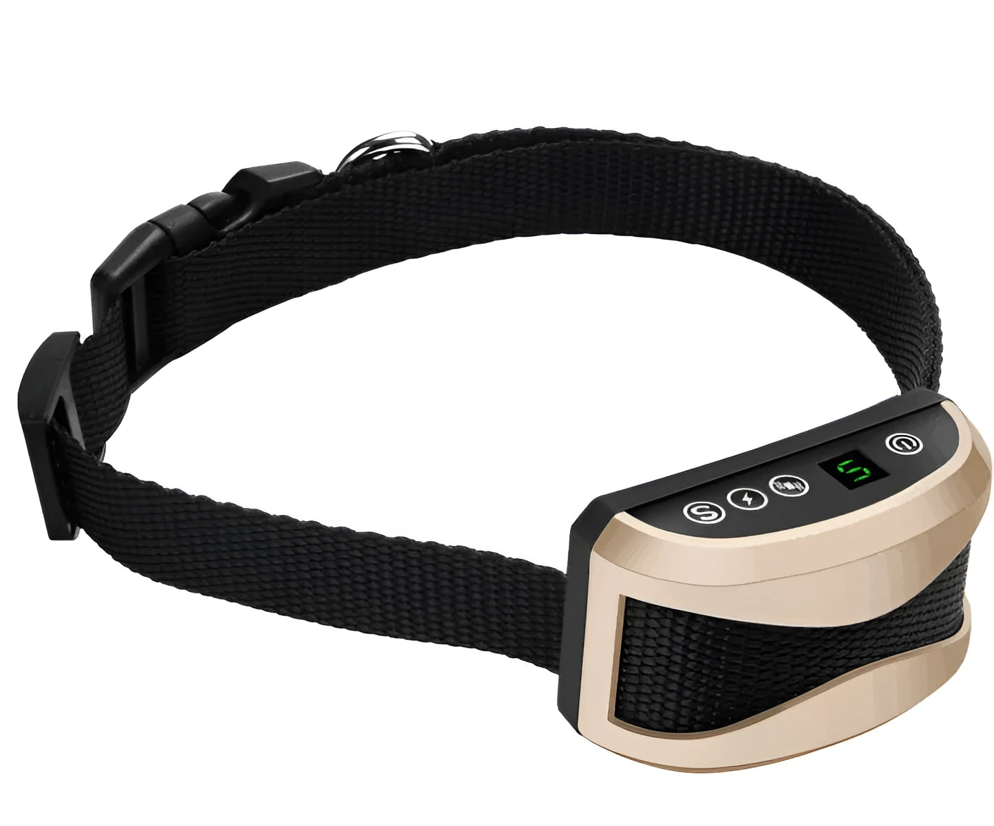 Digital anti-bark dog training collar with reflective strap on black, gold, and silver backgrounds.
