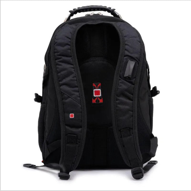 Black business computer backpack open to show three internal compartments and laptop sleeve.