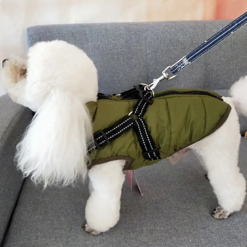 Waterproof dog coat with integrated harness in rain silk fabric, available in multiple sizes and colours