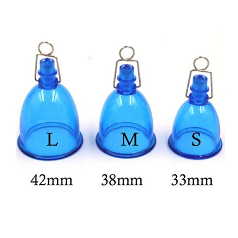 Blue silicone male masturbator shown in small, medium, and large size options