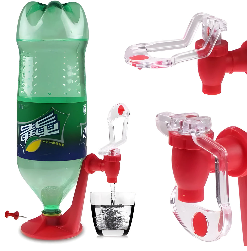 Red plastic Magic Tap soda dispenser attached to an inverted 2-litre bottle for serving fizzy drinks