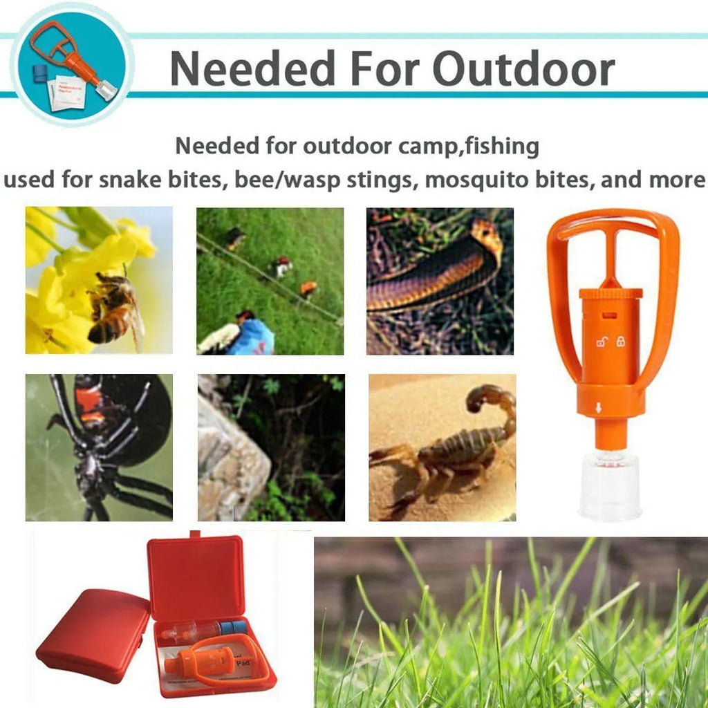 Orange portable venom extractor suction device kit open to show pump, suction cups, tourniquet and swabs.