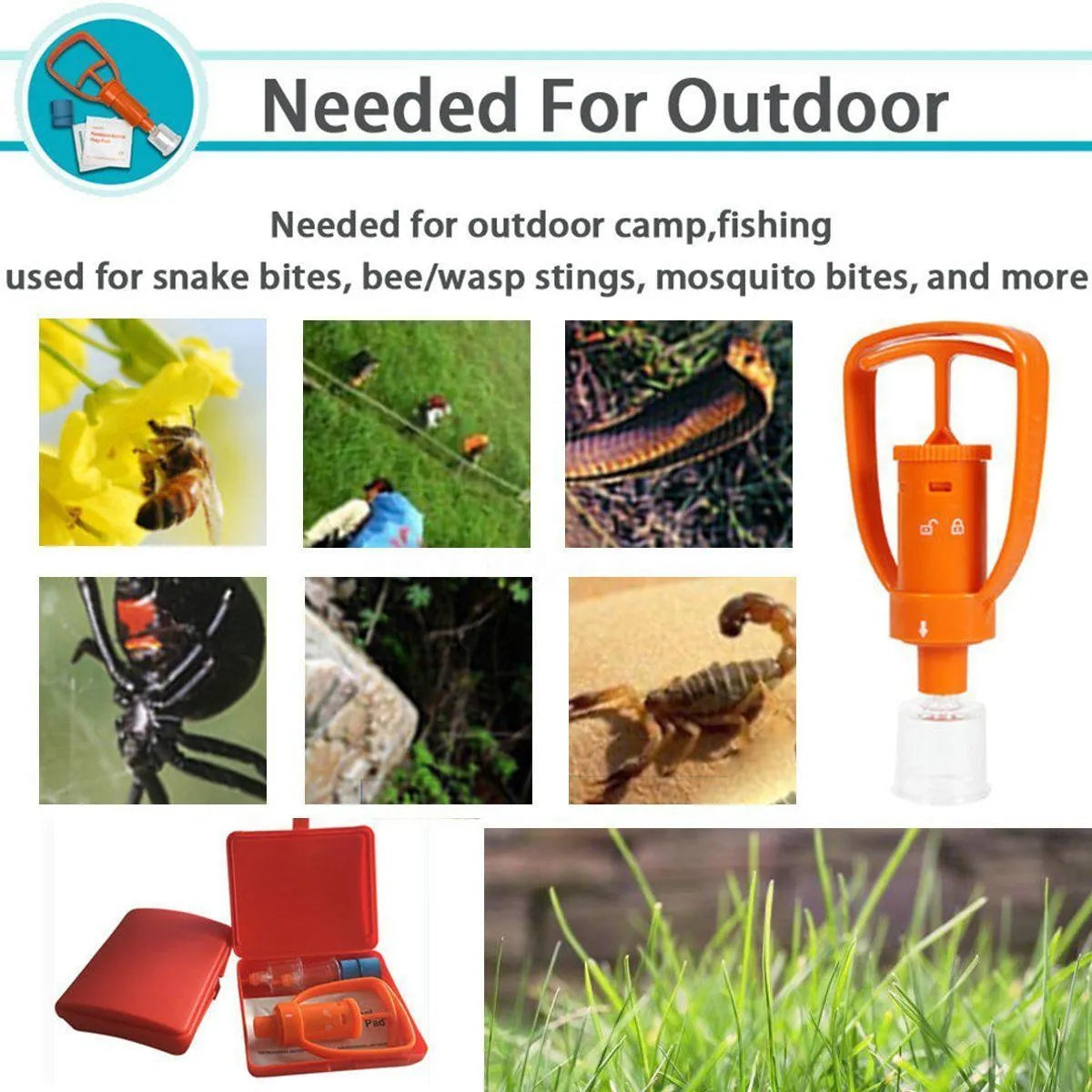 Orange portable venom extractor suction device kit open to show pump, suction cups, tourniquet and swabs.