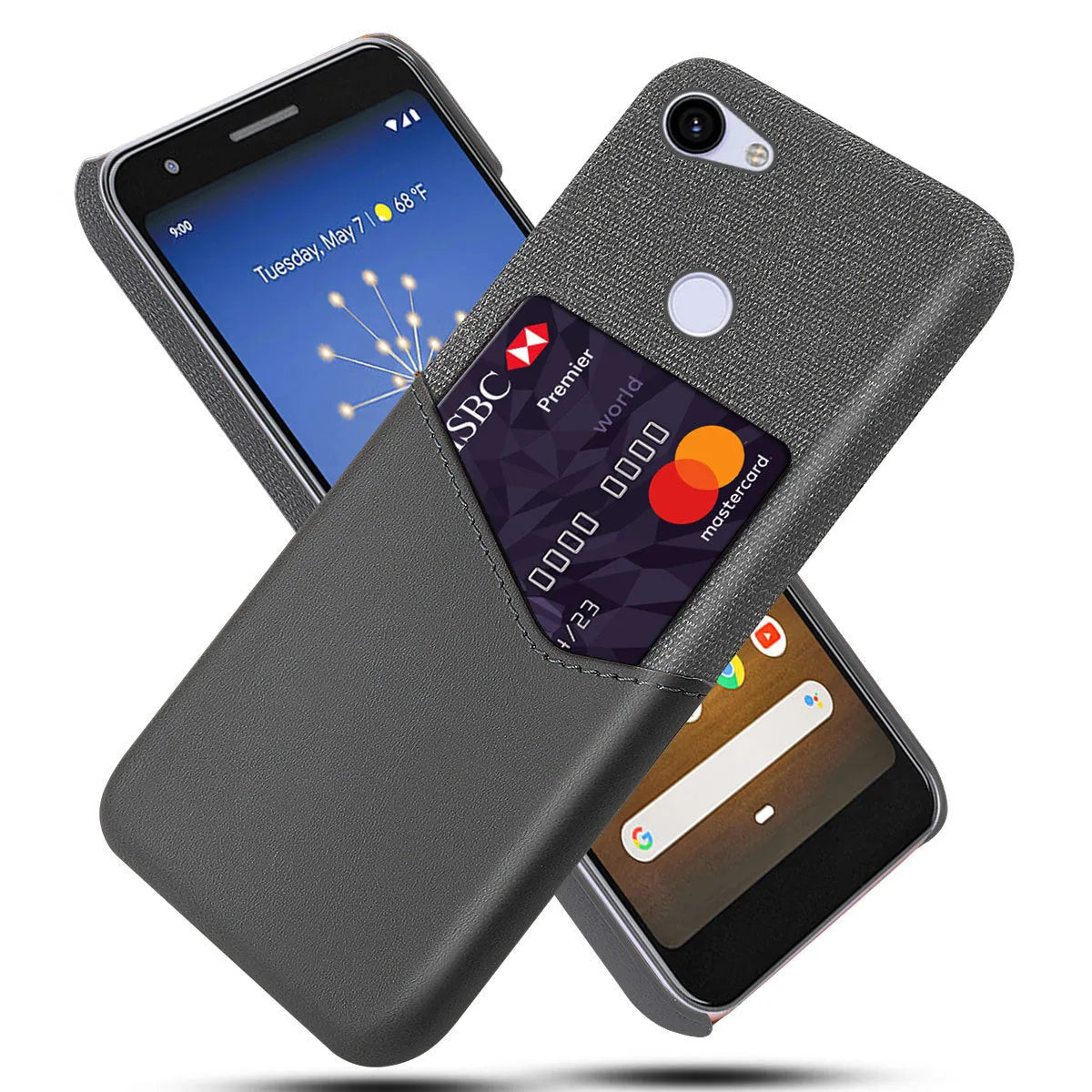 Solid colour leather Google Pixel phone case in black, shown from the back.