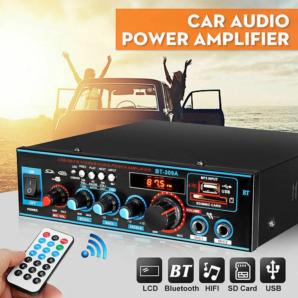 Black BT-309A-A Bluetooth power amplifier with recording function and remote control.