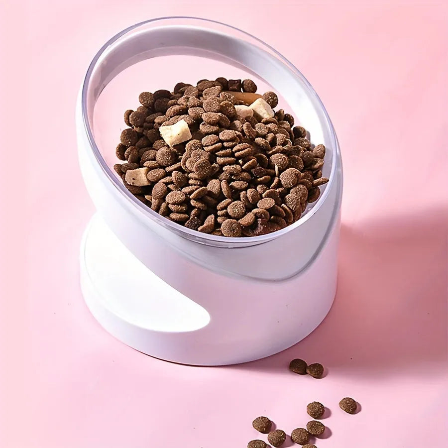 White elevated clear plastic cat food bowl with tilt design for dry and wet food