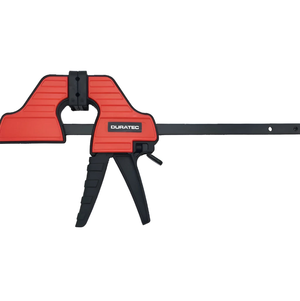 Black plastic woodworking clamp with quick release mechanism and rubber grip jaws