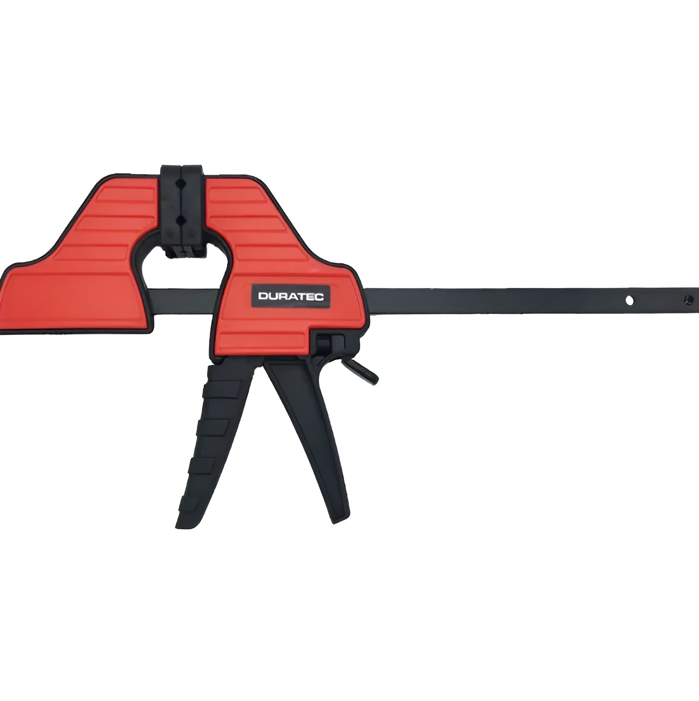 Black plastic woodworking clamp with quick release mechanism and rubber grip jaws