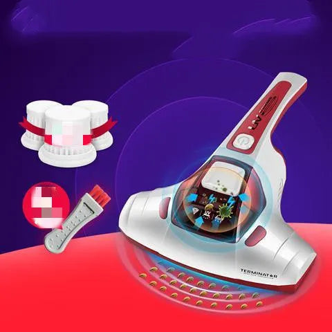 Pink handheld vacuum mite cleaner with UV-C light on cleaning head.